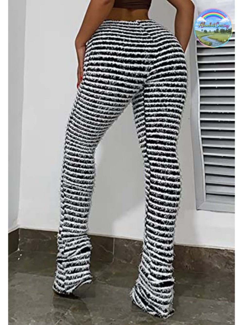 High Waist Fuzzy Knit Bell Bottom Pants Striped Flared Sweatpants - Picture 5 of 6